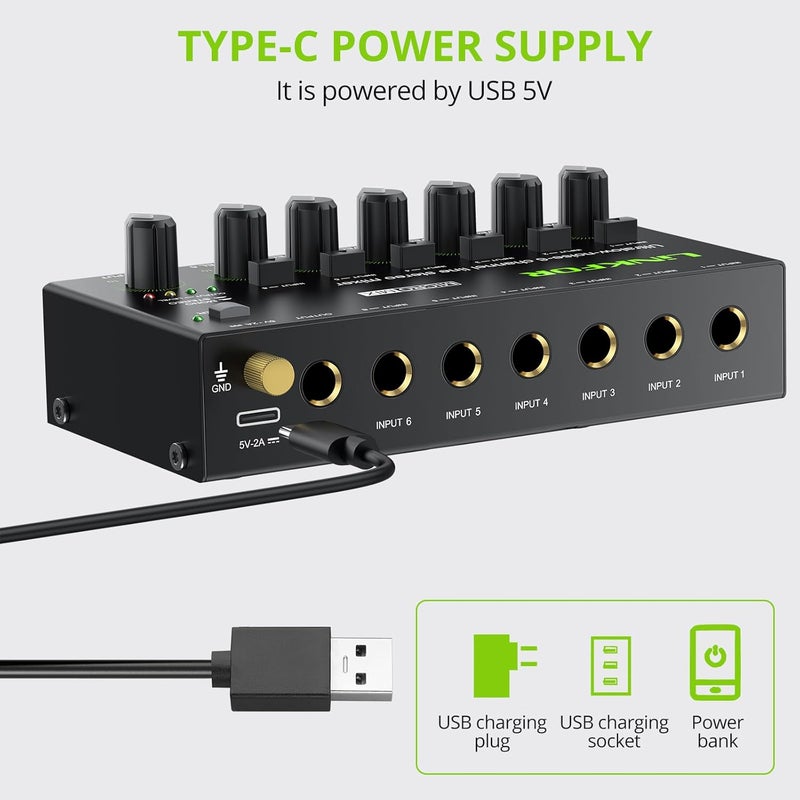 LiNKFOR 6 Channel Audio Mixer, Ultra-compact 6 Channel Bass Noise Line Stereo Audio Mixer for Small Clubs or Bars Microphones, Guitars, Bass, Keyboards and Stage Mixer - Image 4
